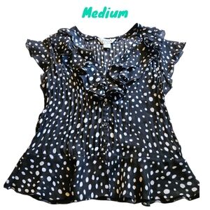 Allison Taylor Sheer Flowly V Neck Blouse Poka Dots Button Front Women Medium